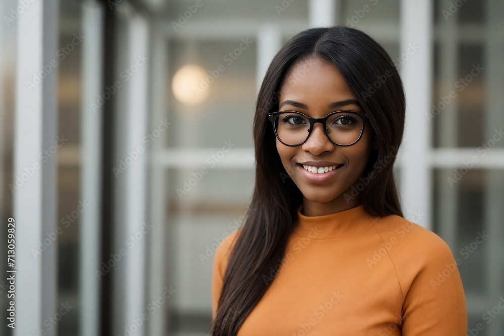 Attractive black woman in glasses smiling and standing outside the office building with copy space. Attractive black woman in glasses smiling and standing outside the office building with copy space.
