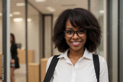 Attractive black woman in glasses smiling and standing outside the office building with copy space.