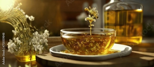 Culinary fusion: Artistic scene of pouring olive oil into a bowl of honey on a rustic wooden table © Asayamrad