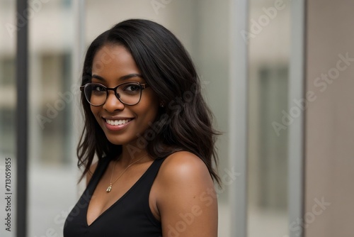 Attractive black woman in glasses smiling and standing outside the office building with copy space. photo