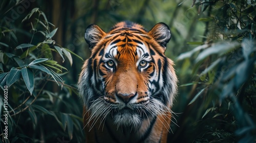 wall poster of tiger in jungle with close-up intensity style  saturated color scheme