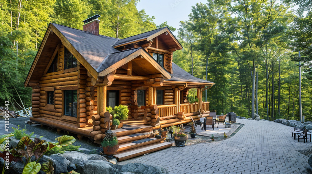 Wooden mountain house built from wood logs. Beautiful log house with porch. Ai Generative