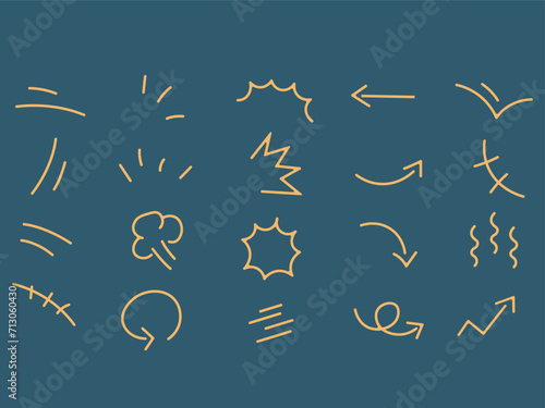 Vector set of cartoon drawing doodle symbols. drawing movement curved direction arrow Emoticon effect design element Emotion symbols of cartoon characters