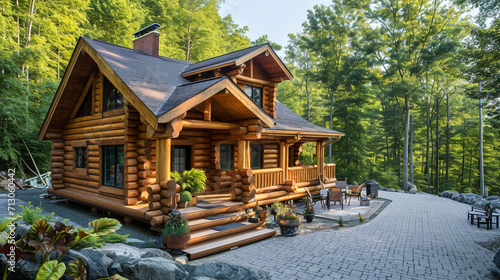 Wooden mountain house built from wood logs. Beautiful log house with porch. Ai Generative © Witri