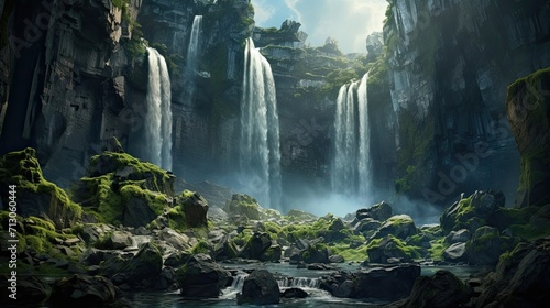 Majestic cascade flows down a rugged cliffside. Picturesque waterfall  rocky terrain  natural wonder  stunning landscape  cascading beauty. Generated by AI.