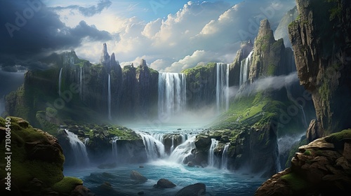 Stunning waterfall cascades down a rocky cliff. Grand spectacle  rugged terrain  natural beauty  picturesque scenery  mesmerizing cascade. Generated by AI.