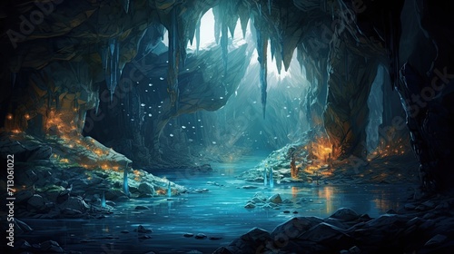 Mysterious cavern illuminated by shimmering crystals in various hues. Cryptic allure, luminescent gemstones, hidden nooks, subterranean mysteries. Generated by AI. © Кирилл Макаров