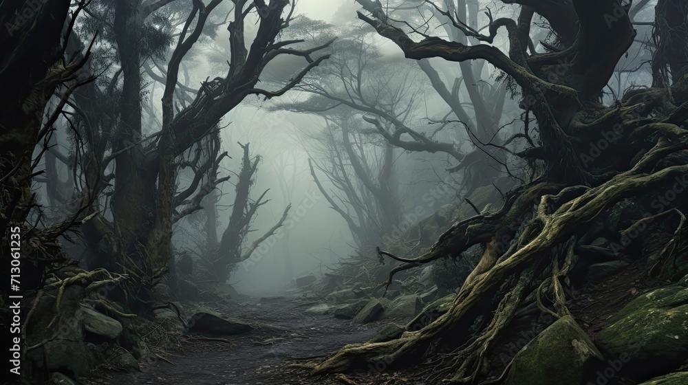 Gnarled Tree Mist Secretive forest shrouded in mist, populated by ancient gnarled trees ...