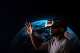 black man in vr headset exploring metaverse world, touching virtual reality subjects on space background.