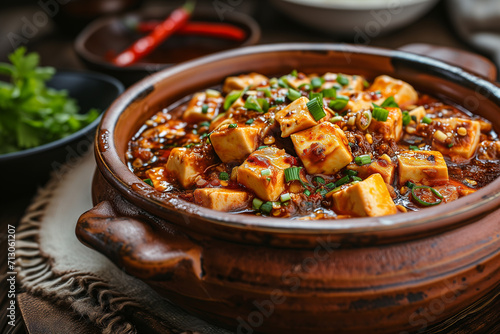 Sichuan Hot and Spicy Mapo Tofu - Traditional Chinese Cuisine in Earthenware Pot