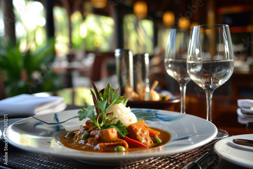 Exquisite Thai Red Curry with Jasmine Rice Elegantly Served in a Fine Dining Ambiance