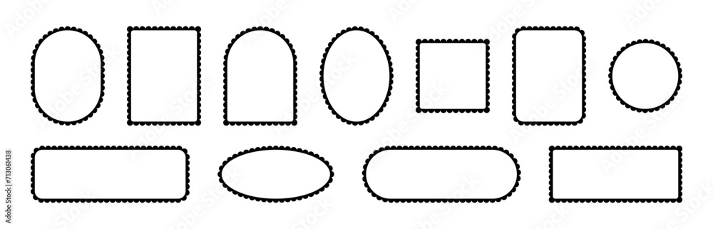 Scallop frame. The outline of the lace edges of the borders of the elements. Design of vector collection of isolated vertical and horizontal geometric shapes on white background. Scallop frame. The outline of the lace edges of the borders of the elements. Design of vector collection of isolated vertical and horizontal geometric shapes on white background.