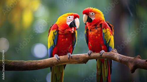 Lively parrots adorned in vibrant colors resting on a tree branch. Exotic plumage, tropical avian pair, colorful perch, nature's beauty. Generated by AI. © Кирилл Макаров