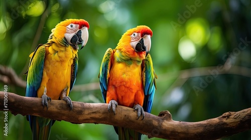 Exotic parrots displaying vibrant hues while perched on a tree branch. Colorful plumage  tropical avian duo  vibrant resting spot. Generated by AI.