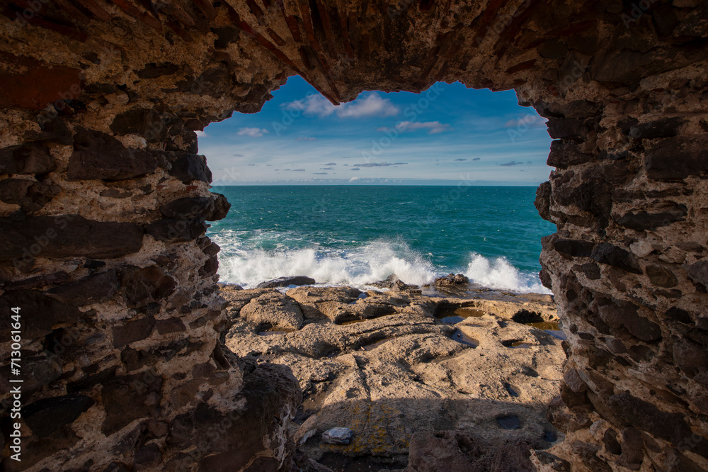 Istanbul - Sarıyer - Rumelifeneri castle, Garipçe castle, rough waves of the Black Sea hitting the rocks