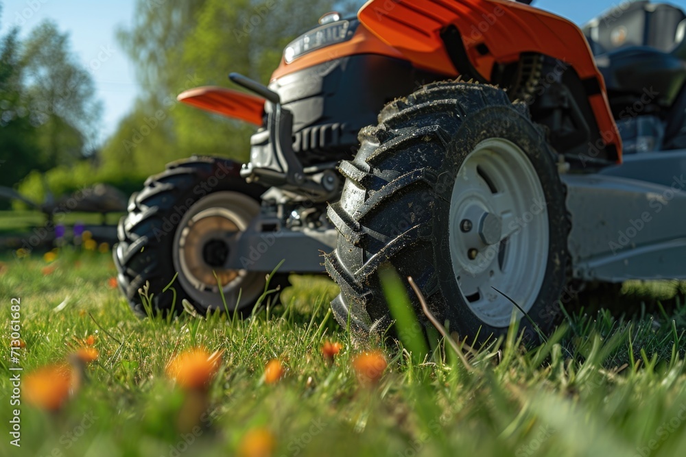 A lawn mower is parked in the grass. Ideal for landscaping and gardening projects A lawn mower is parked in the grass. Ideal for landscaping and gardening projects