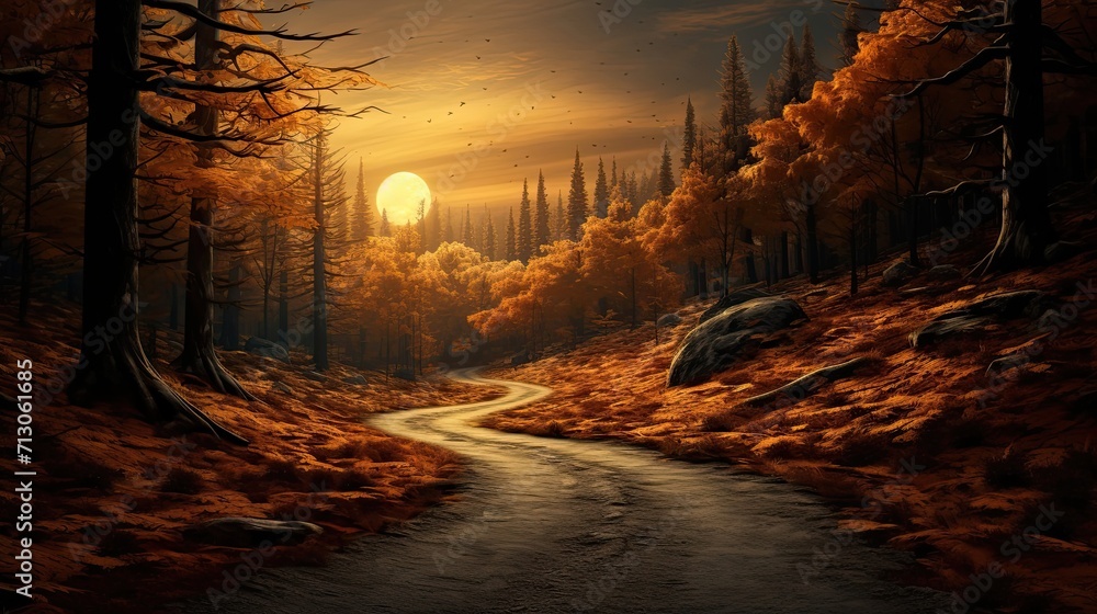 Quiet country pathway weaving through serene autumn woods. Calm countryside drive, winding route, tranquil woodland scenes. Generated by AI. Quiet country pathway weaving through serene autumn woods. Calm countryside drive, winding route, tranquil woodland scenes. Generated by AI.