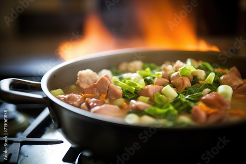 close-up of pork and hominy stew, steam rising