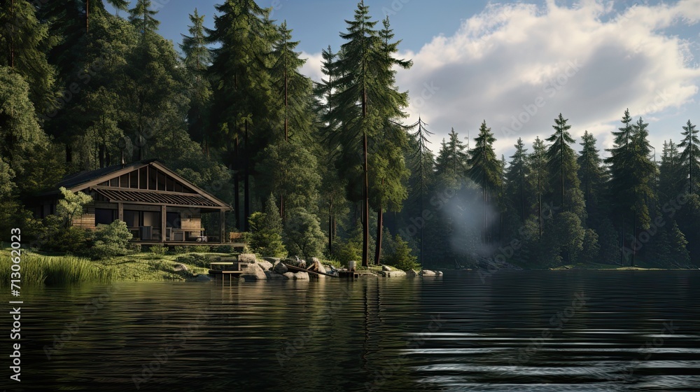 Fototapeta premium Serene lakeside abode enveloped by tall pine trees. Quiet waterside retreat, secluded forest cabin, tranquil escape. Generated by AI.