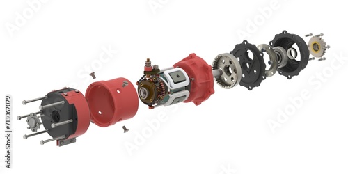 Electric starter for automotive industry in exploaded view. Car spare parts assembly