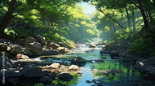 Peaceful river gently flowing through a sun-drenched  tranquil forest. Tranquil waterway  sunlit woodland  serene flow. Generated by AI.