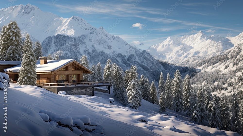 Snow-kissed Swiss chalet nestled within the embrace of snowy mountains. Snow-capped peaks, cozy alpine refuge, charming chalet. Generated by AI