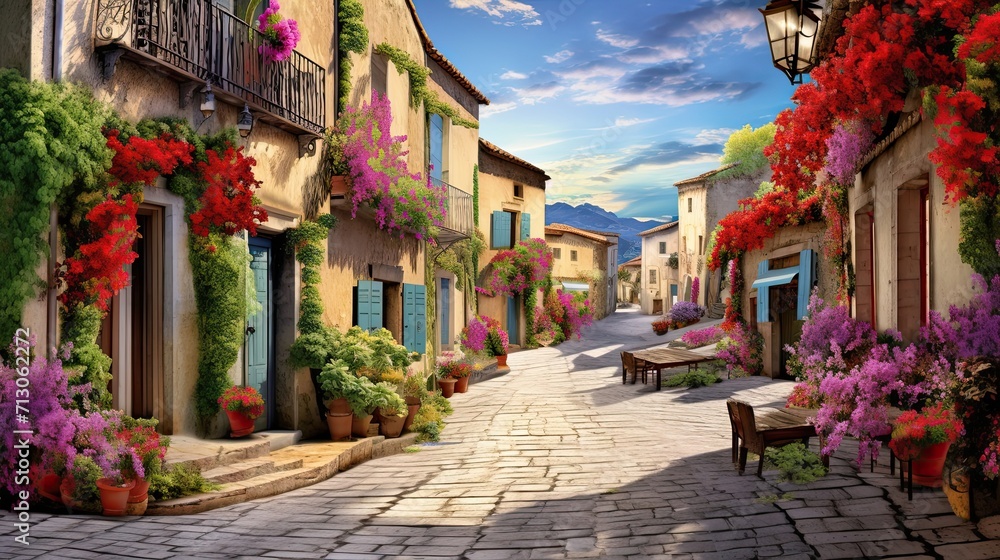 Enchanting village boasting cobblestone-paved streets. Quaint town, cobblestone pathways, old-world charm. Generated by AI.