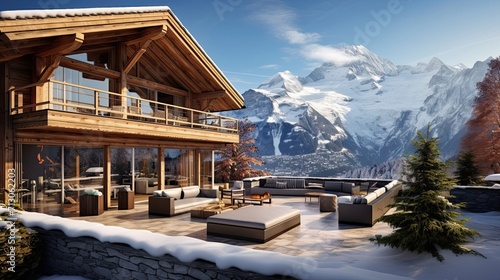 Cozy Swiss chalet amid the grandeur of snow-clad mountains. Alpine retreat, snow-covered peaks, picturesque chalet. Generated by AI. © Кирилл Макаров