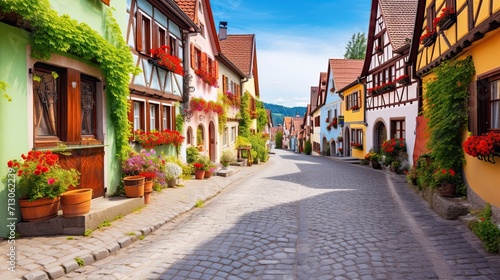 Charming village adorned with cobblestone streets. Quaint streetscape, historic charm, old-world ambiance. Generated by AI.