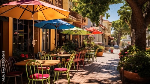 Charming sunlit café adorned with vibrant umbrellas and outdoor seating. Quaint ambiance, al fresco dining, colorful canopy. Generated by AI. © Кирилл Макаров