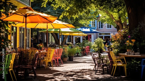 Tranquil sunlit café with picturesque outdoor seating and colorful umbrellas. Quaint environment, al fresco tranquility, vibrant parasols. Generated by AI.