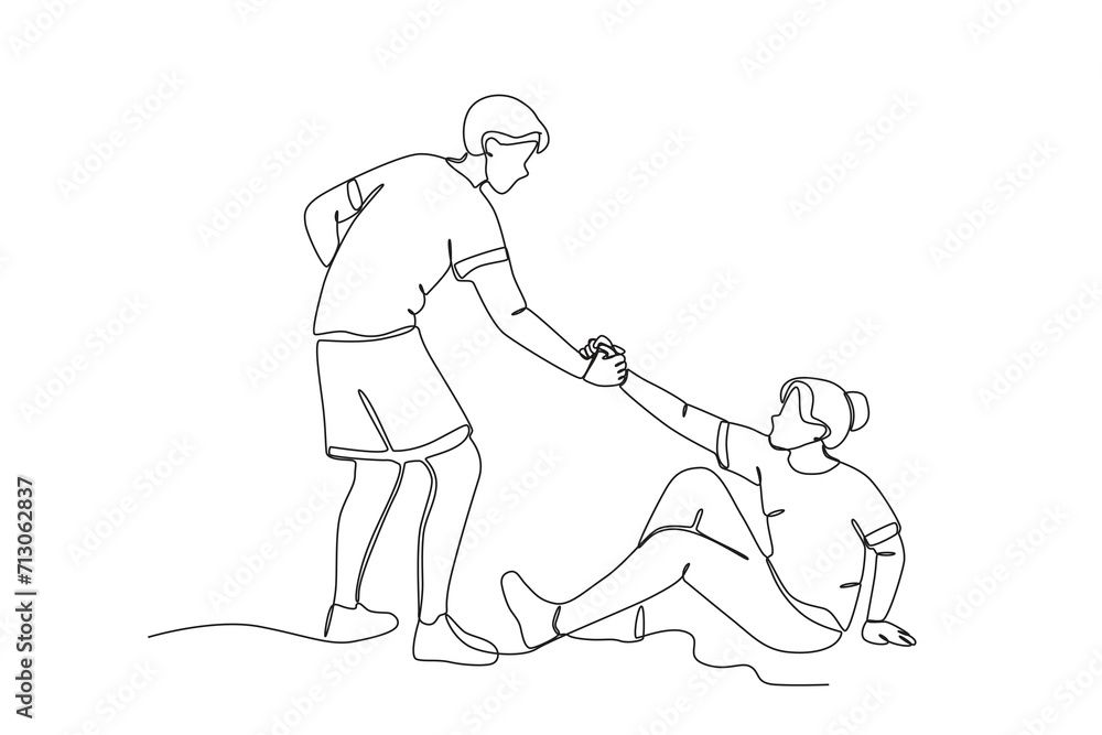 One continuous line drawing of Help a friend who has fallen. Single line draw vector graphic design illustration.
One continuous line drawing of Help a friend who has fallen. Single line draw vector graphic design illustration.