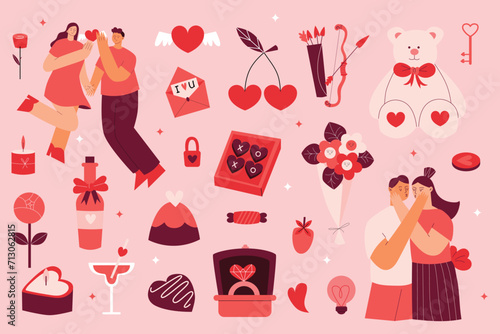 Vector Flat Valentines day set with various romantic elements and character