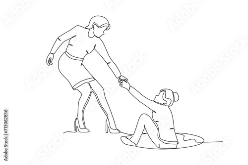 One continuous line drawing of Helping a friend who fell into a sewer. Single line draw vector graphic design illustration.
