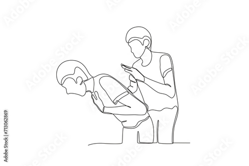 One continuous line drawing of Help a friend who is choking2. Single line draw vector graphic design illustration.
