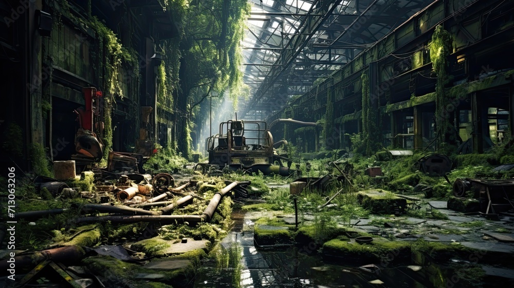 Industrial decay, reclaimed by nature, rusty remnants, derelict, overgrown, abandoned structure, nature's resurgence. Generated by AI.