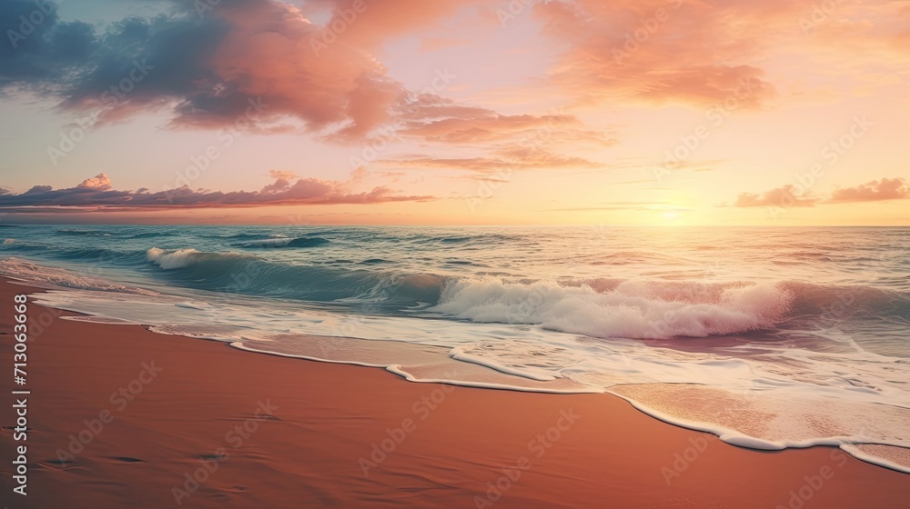 A serene sunset paints the sky over a sandy beach, where the gentle waves create a peaceful melody while washing ashore. Sunset beach, gentle waves, tranquil seascape, sandy shore. Generated by AI.