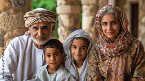 Portrait of a happy family sitting in the courtyard of the mosque