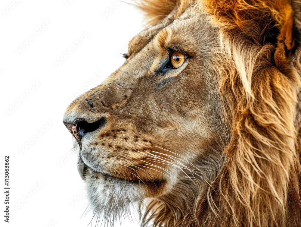 Naklejka premium Lion Side View Face Shot Isolated on Transparent or White Background, PNG