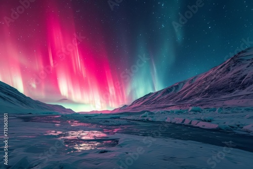 pink aurora borealis  morthern lights over ice and snow landscape. Generative AI