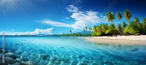Title beautiful tropical beach scenery with palm trees and turquoise water on a sunny day