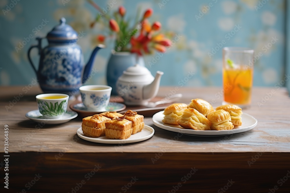 freshly baked pastries displayed next to tea blends