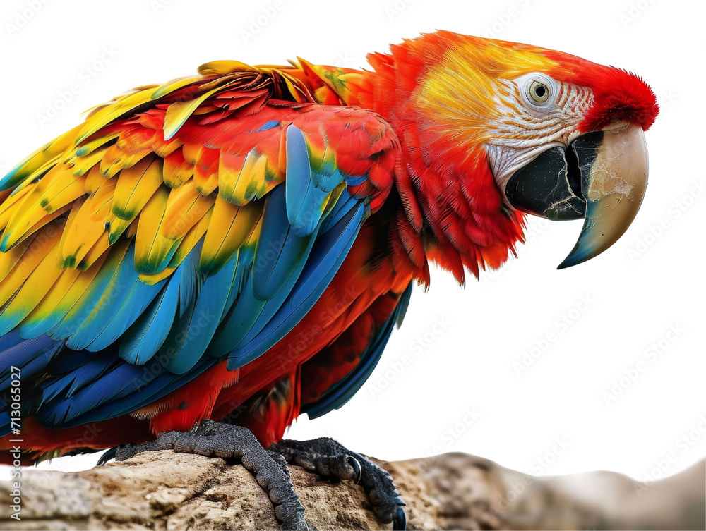 Obraz premium Macaw Parrot on Branch Isolated on Transparent or White Background, PNG