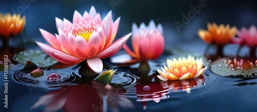 Pond Serenity Lotus flower blooming in the tranquil pond  with a mesmerizing reflection on the water surface