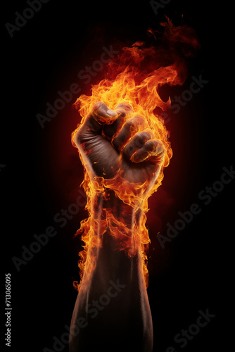 Vertical Fire fist with flames on black background