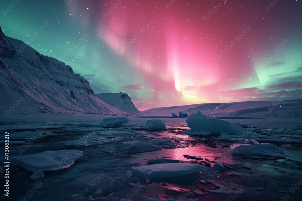 Fototapeta premium pink aurora borealis, morthern lights over ice and snow landscape. Generative AI