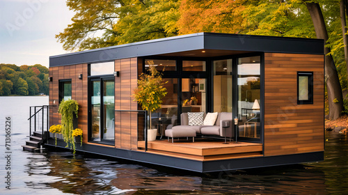 Houseboat on a River with Nature, Trees, and European Scenic Landscape photo