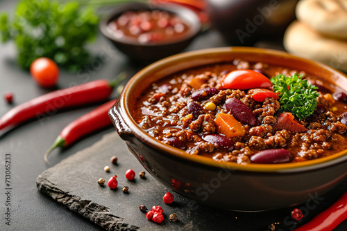 Delicious chili con carne at a restaurant, tasty Mexican food