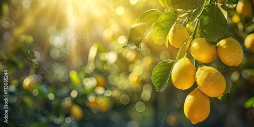 Ripe lemons hanging from lush tree in sunny summer day showcasing fresh and organic agriculture vibrant yellow citrus fruits in natural growth healthy and juicy food options from green farm photo
