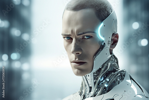 AI generated image of futuristic personage human face robot cyborg innovation